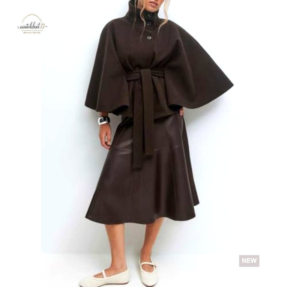 Wool Blend Pea Coat Cape Batwing Sleeve Oversized Chic Winter Cropped Overcoat - Picture 3 of 7